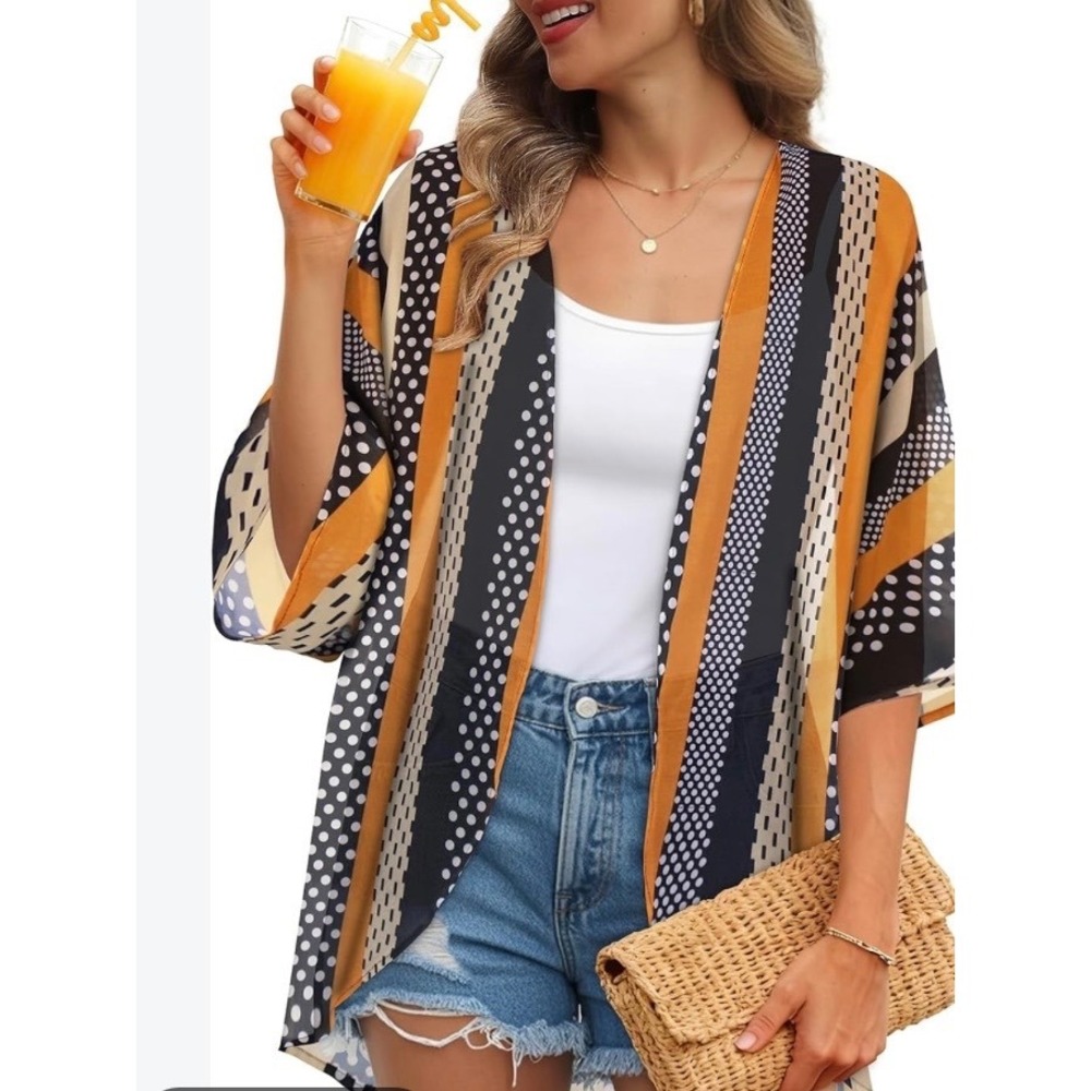 Ofeefan Kimono Cardigan M Orange Polka Dot Striped Boho Halloween Festival Sheer